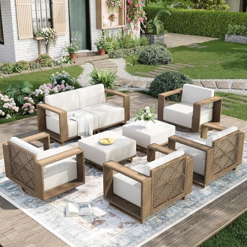 Image of MIXPATIO Patio Furniture Set with Swivel Chairs, 7 Piece Outdoor Wicker Sofa Couch Set, Yellow Rattan Deep Seating Conversation Sets with 10 inch Thick Cushions, Low Profile Deck Lawn Garden Furniture