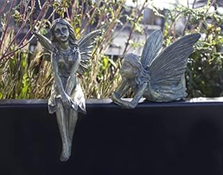 garden mile 2pc Winged Fairies Garden Ornaments Sitting & Laying Fairy Decorations Indoor or Outdoor Fairy Garden Statues Bronze Effect Resin Décor Vintage Antique Finish
