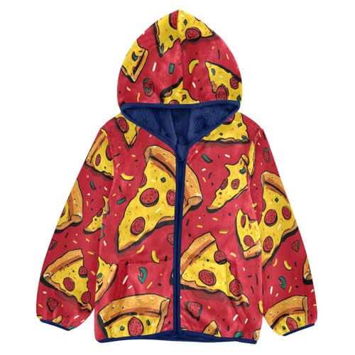 Pizza Slices on Red Background Toddler Fleece Jacket Girl Boys Hooded Fleece Jacket Coat Warm Outwear Zip-up 3-10T