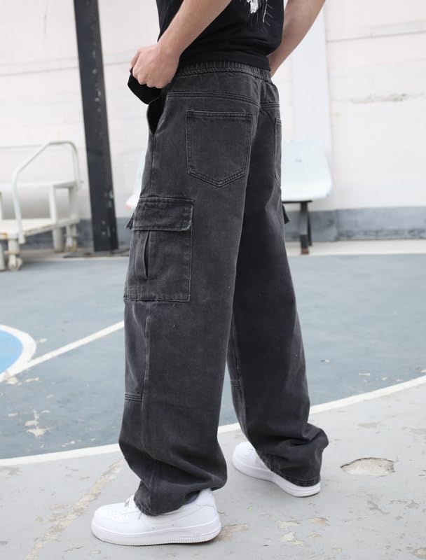 Mens Baggy Cargo Jeans Wide Leg Hip Hop Jeans Streetwear Loose Fit Denim Pants3