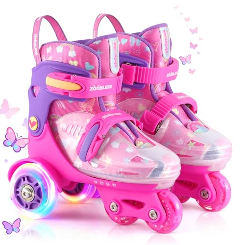 Kids Roller Skates for Beginners - ZOOBLISS Toddler Roller Skates for Boys and Girls Ages 3-7 with Light-Up Wheels & 4 Adjustable Sizes, Tri-Wheel Training Skates for Kids