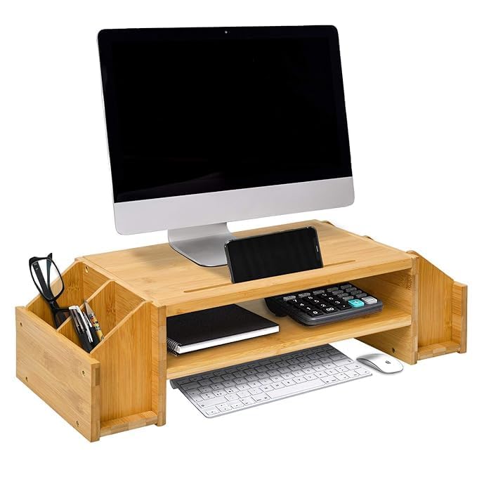 Image of Wooden Monitor Stand Riser with Storage Compartment and Lockable Storage Drawer Stand | Adjustable Desktop Organizer for Computer, Flax, Laptop & Printer (Wooden Monitor Stand)