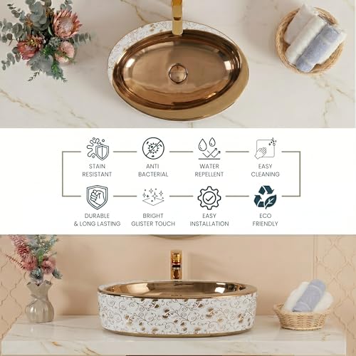 Image of BASSINO 24x14x6 Inches Table Top Washbasin /1 Year Warranty /Ceramic Wash Basin for Bathroom /Oval Counter Top Wash Basin for Restaurant /Dining Hall /Living Room /Designer Vessel Sink(Glossy White & Gold)