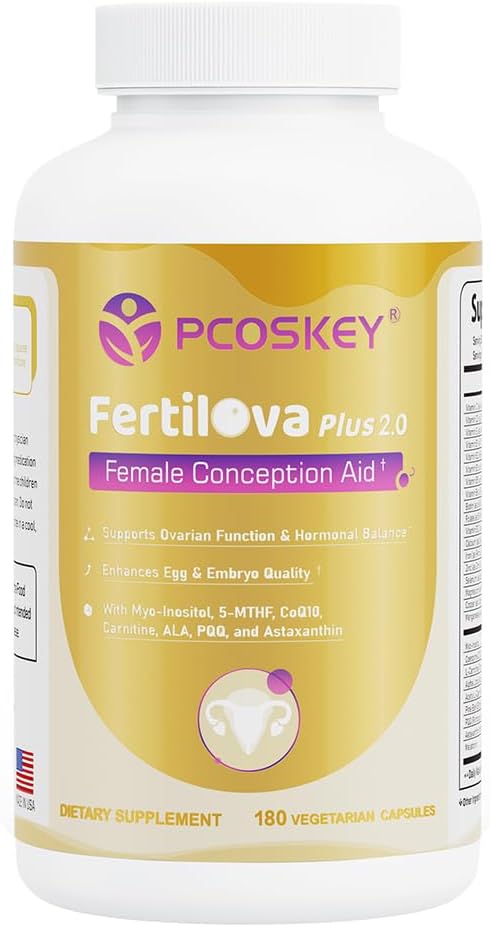 pcoskey® Fertilova Plus 2.0 Female Fertility Supplement -Myo-Inositol, CoQ10, 5-MTHF - Supports Egg Quality, Ovarian Health & PCOS - Prenatal Vitamin, Hormone Balance - 180 Vegetarian Capsules