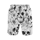 Hunihuni Herren Strand-Shorts Totenkopf Blumenmuster Kordelzug Badehose Badeanzug Bademode Mesh-Futter mit Tasche Gr. L/XL, mehrfarbig
