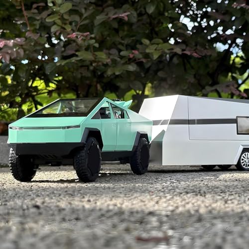 Image of 1:32 Scale Die-Cast Tesla CyberTruck with Pick-Up Trailer with 6 Openable Doors Pull Back Toy Car with Lights & MusicToy Car Gift for Kids (1:32 Cybertruck Trailer - Green)