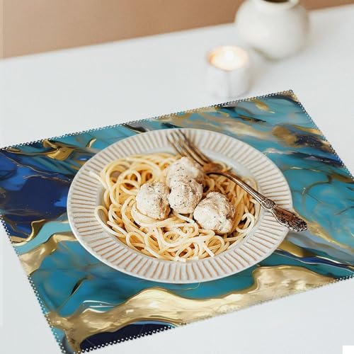 Sets de table bleu sarcelle effet feuille d'or pour repas de famille - 7