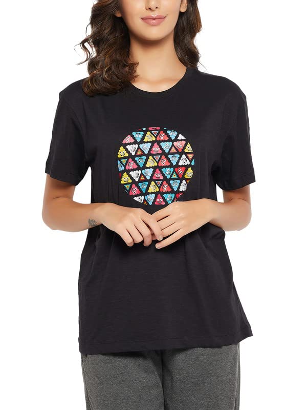 Image of Clovia Women's Cotton Emoji Print T-Shirt in Black