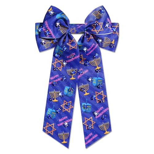 Hanukkah Hair Bows for Women Jewish Star of David Hair Bow Clips Jeweled Menorah Hair Ribbons Barrettes Blue Bows Hanukkah Jewish Outfits Accessories Holiday Gifts (Pattern H)