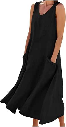 Oelaio Women's Summer Cotton Linen Dress - Sleeveless, Loose Kaftan, Long With Pockets (Sizes S-5XL)