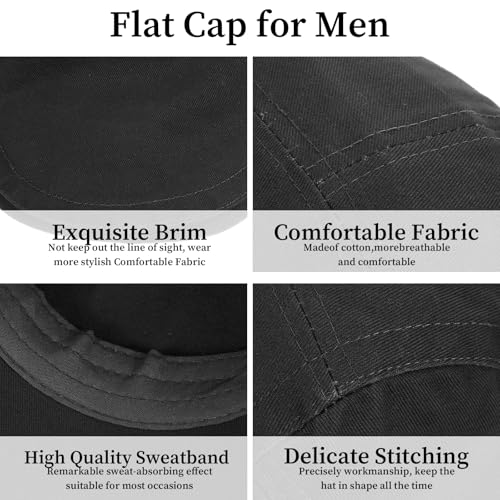 Men's Cotton Flat Cap, Breathable Newsboy Hats Adjustable Beret Ivy Cap, Irish Cabbie Driving Hunting Hats for All-Season Black