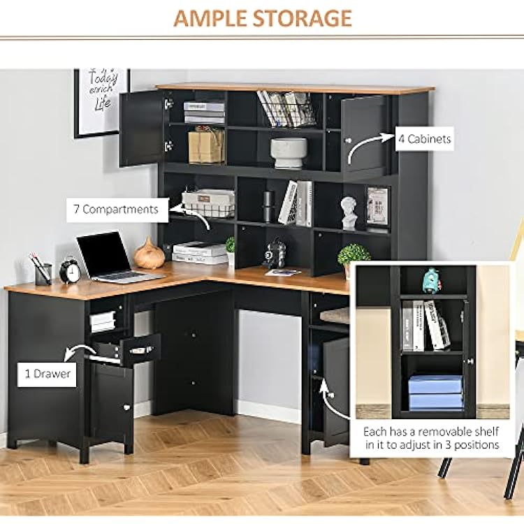 HOMCOM L Shaped Computer Desk with Hutch, 59 Corner Desk, Space Saving Home Office Desk with Storage Shelves, Drawer and Cabinet, Black