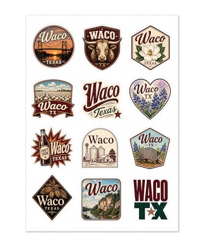 Waco Texas 12 Pack Souvenir Sticker Sheet 1.5 Inch Kiss Cut Vinyl Stickers Travel Gift Laptop Water Bottle Journal Scrapbook Decals