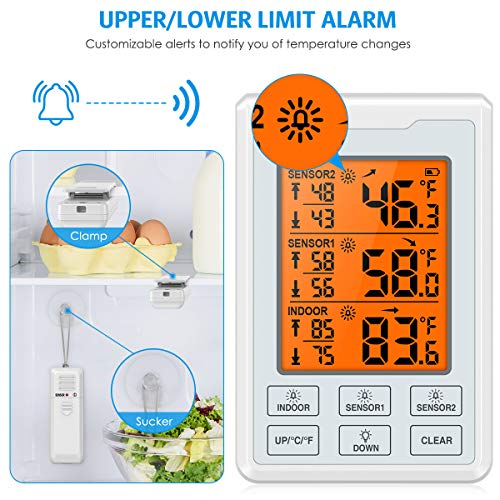 Refrigerator Thermometer, Wireless Digital Freezer Thermometer With 2 Sensors, Audible Alarm, Min And Max Record, Large Lcd Display For Home, Restaurants, Bars (Battery Not Included) #TOP3