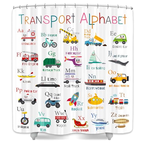 Image of Vehicles Alphabet Shower Curtain for Kids, Kid Excavator Tractor Machinery Trucks, Construction Vehicle Shower Curtain for Boys