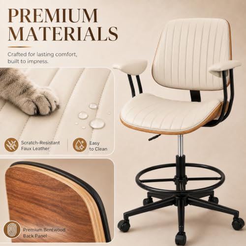 Image of Drafting Chair for Standing Desk, Arms Tall Office Chair with Bentwood Backrest, Adjustable Height, Footrest Ring and Swivel Seat, PU Leather (Ivory)