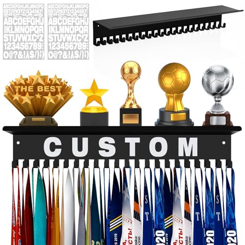 Moxweyeni Medal Hanger Display with Trophy Shelf Personalized Medal Holder with 22 Hooks for 60+ Medals Metal Award Display Rack with DIY Letter Stickers for Gymnastics Running Soccer Swim