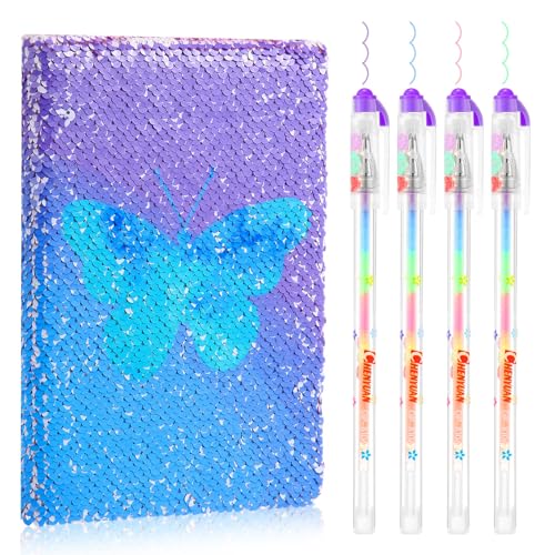 Image of Outus 4 Pcs Sequin Girls Journal Valentines Journal Gift with Color Gel Ink Pens Glitter Notebook Flip Writing Diary for Kids Girl Writing Drawing Travel Gifts(Gradient Blue,Butterfly)