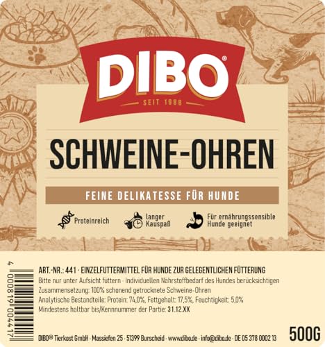 DIBO Schweineohren, 500g-Beutel, der kleine Naturkau-Snack oder Leckerli für Zwischendurch, Hundefutter, Qualitätskauartikel ohne Chemie
