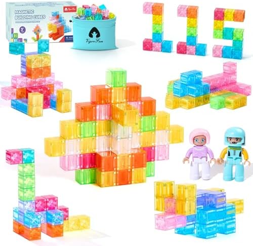 Magnetic Blocks Set, Magnet Building Blocks with Toy Figurine and Storage Bag for Kids Gifts, STEM Educational Preschool Sensory Toys for Toddlers Boys Girls Ages 3-12(Transparent)