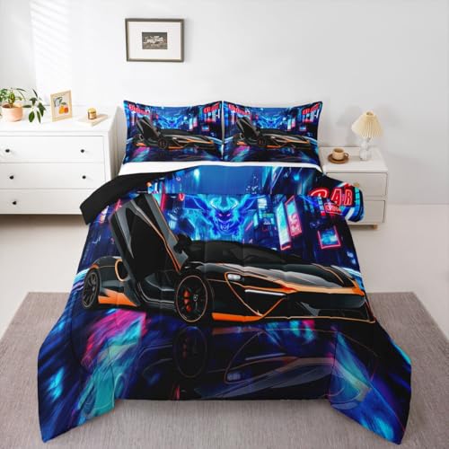 Image of Feelyou Race Car Comforter Set - Black Speed Sports Car Bedding for Kids - King Size Boys - 1 Comforter Set with 2 Pillowcases