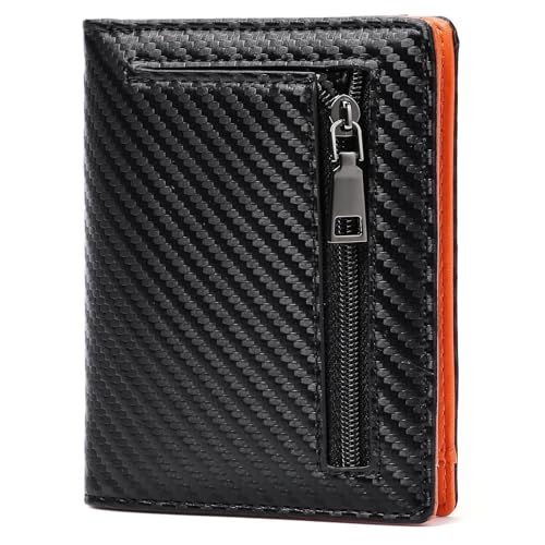 Leather Wallets for Men with Zipper Coin Pocket Mens Wallet Slim Bifold RFID Blocking Thin Credit Card Holder Genuine(Black+Orange)
