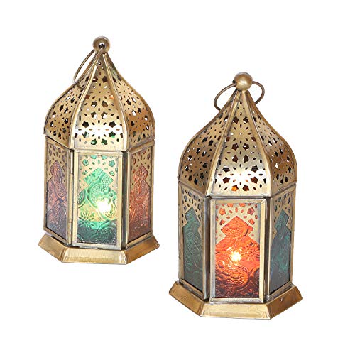 Orientalische Windlichter Nael Multi 2 Set aus Metall & mit Reliefgläsern bunt Höhe 16 cm Marokkanische Glas-Laterne in Antik-Messing-Look Ramadan Deko WDL1020