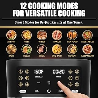 FineMade 4.5 Quart Glass Air Fryer Non Toxic, 12 in 1 Preset Cook Modes, Air Fry Wings, Bacon, Fries, Seafood, Vegetables & Egg Tart, Broil, Reheat, Bake, Roast, Keep Warm, Freidora De Aire, Graphite