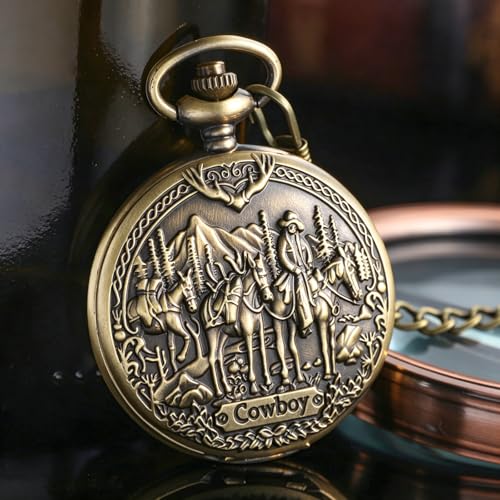 Image of Tiong Vintage Pocket Watch Engraved Cowboy Skull Wolf 3D Pattern Arabic Numerals Quartz Pocket Watch with Chain Best Gifts