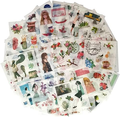 Kawaii Journaling Washi Stickers Set (50 Sheets) Cute Girl Floral Flower Green Gardening Plant Forest Animal Fox Deer DIY Sticker for Planner Scrapbooking Diary Art Craft Book Diary Letter Journal