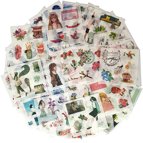 Kawaii Journaling Washi Stickers Set (50 Sheets) Cute Girl Floral Flower Green Gardening Plant Forest Animal Fox Deer Diy Sticker For Planner Scrapbooking Diary Art Craft Book Diary Letter Journal #TOP26
