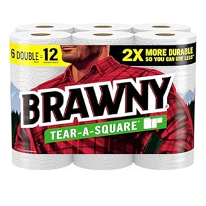 Brawny Tear-A-Sq. Paper Towels, 6 Double Rolls = 12 Common Rolls, 3 Sheet Sizes (Quarter, Half, Full), Energy for All Messes, Cleanups, and Meal Prep
