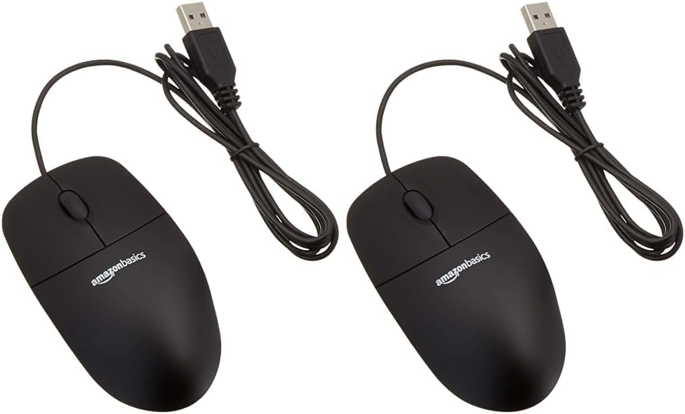 Amazon Basics 3-Button USB Optical Mouse Black (Pack of 2)