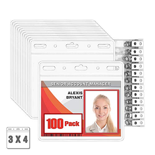 MIFFLIN Horizontal No Zip Plastic Card Holder with Metal Clip and Vinyl Straps (Clear, 3x4 Inch, 100 Pack), Quick Load PVC ID Name Badge with Clips