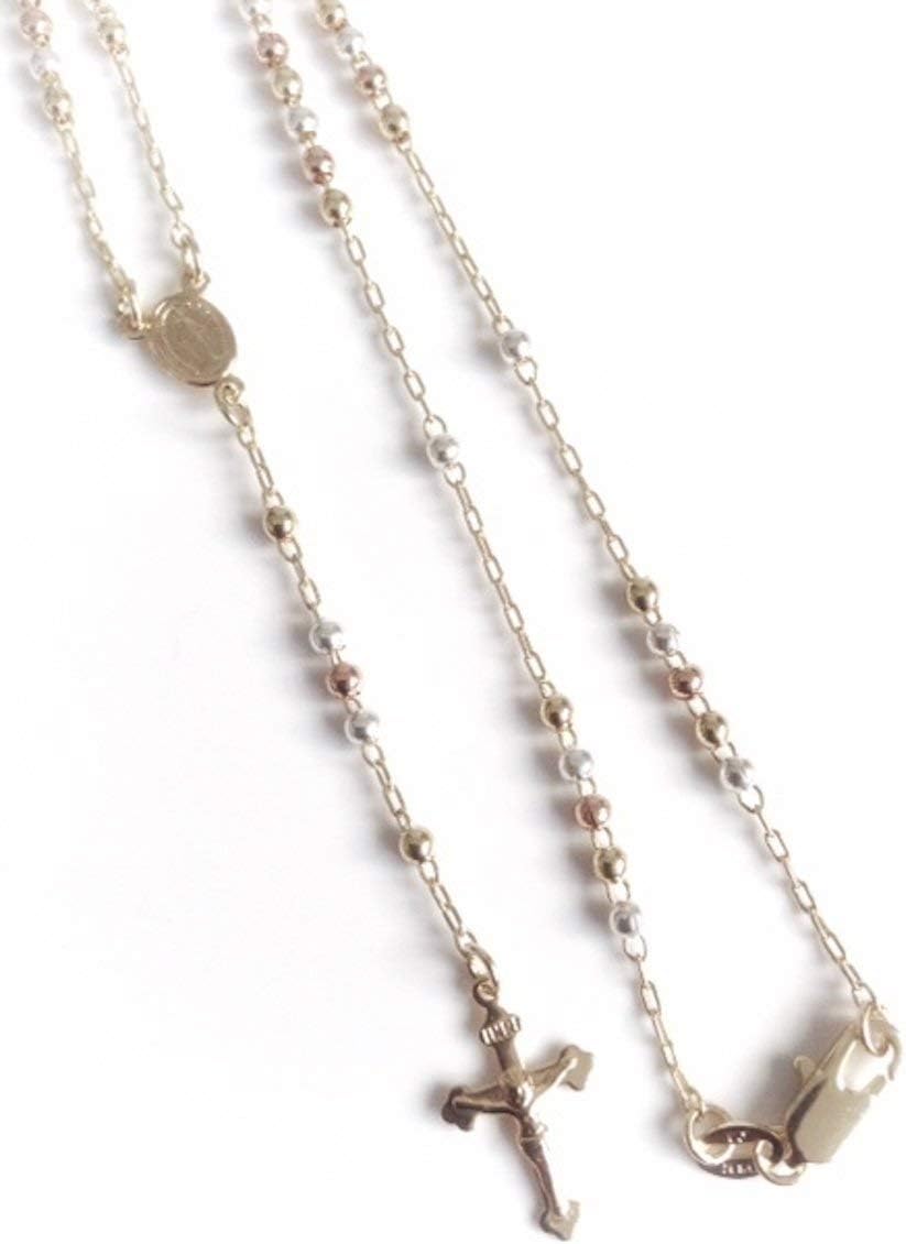 SIFRIMANIA Tricolor Catholic Rosary Necklace for Women, Silver Rose Gold Tone Beads with Crucifix, 18K Gold Plated Rosary Jewelry
