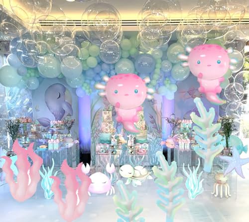 Image of 11Pcs Pink Axolotl Balloons,Seashell Coral Seaweed Balloon For Axolotl Birthday Party Decoration /Under the sea,Mermaid Party Decor,Axolotl Graduation,Pixel Game Axolotl Party Decor