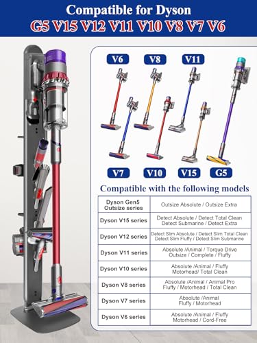 Image of Metal Vacuum Stand for Dyson Gen5 V15 V12 V11 V10 V8 V7 V6 Cordless Vacuum Organizer with 4 Hooks & 4 Shelves, Hidden Cable Design, Space-Saving Attachment Holder for Dyson Cordless Vacuums