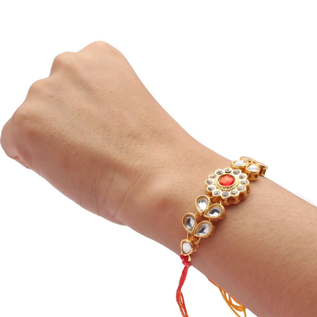 2 designerskie tradycyjne perły i kamienie, wysadzane koralikami zestaw Rakhi dla Bhaiya Bhabhi z opakowaniem Roli Chawal w zestawie do Rakshabandhan Rakhi Combo, zestaw Bhaiya Bhabhi Rakhi