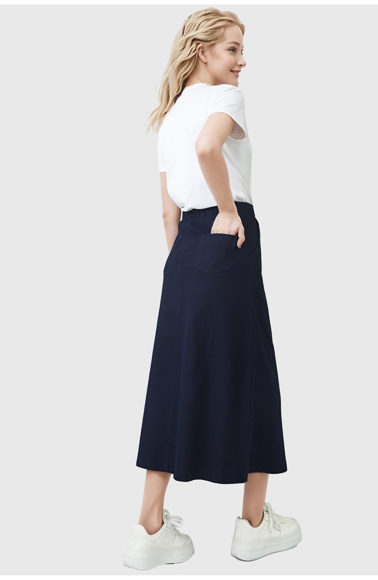 Faldas Vaqueras para Mujer, Mezclilla Lavada Azul Oscuro, Cintura Alta Elástica, Bolsillo Trasero, Faldas Midi De Corte A, Verano, Casual, Diario, Salidas, Elegantes, Parte Inferior