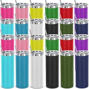 24 Pack 20 Oz Skinny Tumblers Straight, Stainless Steel Skinny Tumbler Bulk, Powder Coated Slim Insulated Tumbler Cup, Individually Gift Boxed, Multi-Color