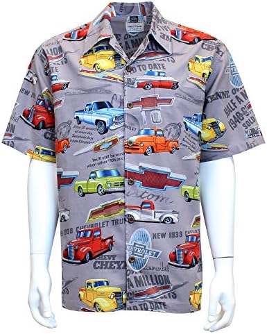David Carey Chevy Chevrolet Trucks Camp Shirt – Retro Inspired Button Up Collared Short Sleeve Grey Club Shirt, L