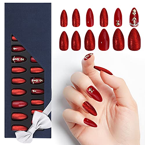 Press on Nails，24Pcs Coffin Fake Nails Tips with Glue Stickers Acrylic Nails Medium Full Cover Nail Tips French Tip Press on Nails False Nails with Designs for Women and Girls (Red)
