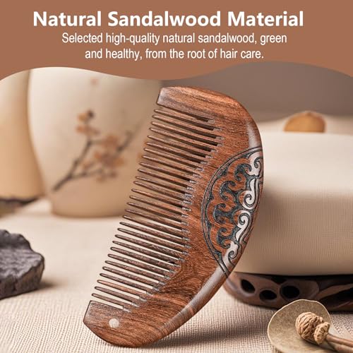 Natural Sandalwood Fine Tooth Comb - Anti Static Wooden Comb for Women, Smooth Detangling Hair Comb, Portable Travel Mini Wood Combs for Curly & Straight Hair