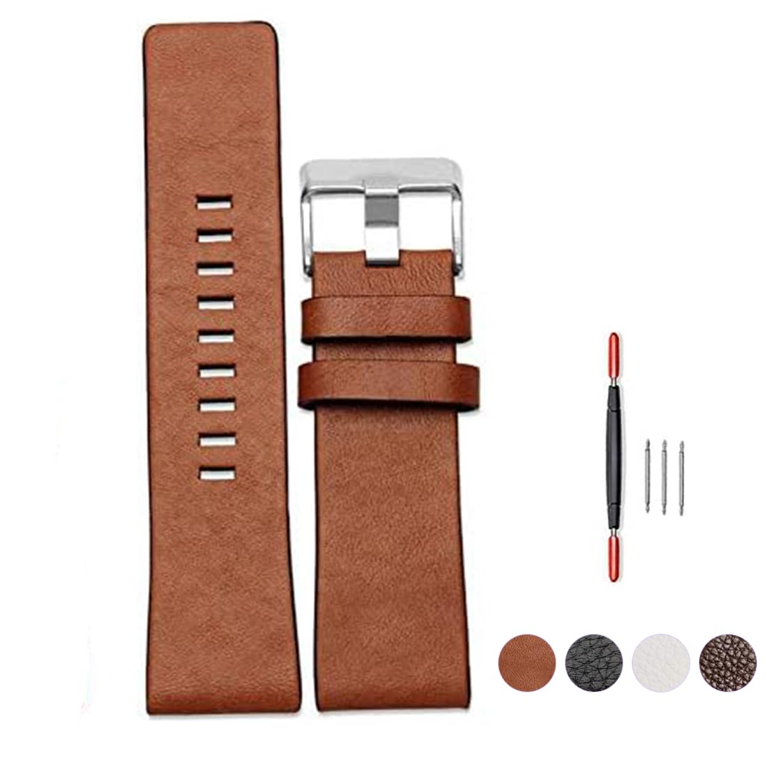 ZHUOLEI Diesel Calfskin Leather Watch Band Litchi Pattern Strap with Tool 22mm 24mm 26mm 28mm 30mm Replacement for Men's Diesel Watches (Brown, 26mm)