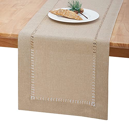 ARKSU Handmade Hemstitch Polyester Table Runner Hollow Simple and Farmhouse Style for Everyday Dining Wedding Party Holiday Home Decor(Beige 12X72inch)