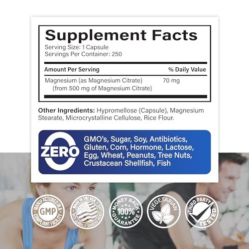 Premium Magnesium Citrate 500mg Capsules (Citrato de Magnesio) High Absorption Formula Chelated Buffered Citrate to Support Digestion, Bone, Sleep & Muscle Health - 250 Capsules