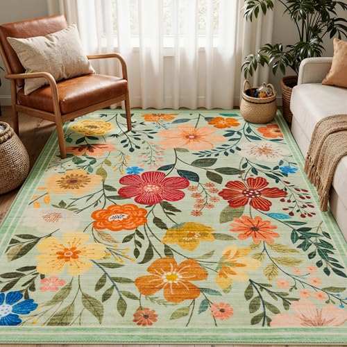 Ruaruarug Floral Washable Area Rug 4×6 for Living Room, Ultra Soft, Green