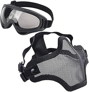 LAOSGE Airsoft Mask,Mesh Half Face Full Black Set with UV 400 Anti Fog Goggles