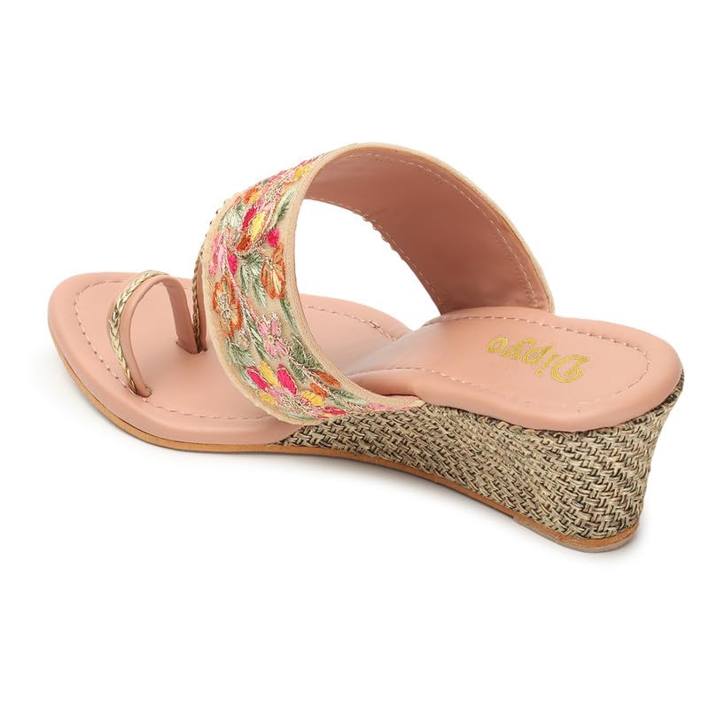 Image of DIPYO Floral Embroidered Ethnic Wedge Heel Slip-On Sandals for Women (Golden, Pink)