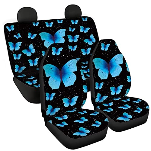 Image of Black Butterfly Print Automotive Seat Cover Full Set Custom Front Back Seat Cover Easy Install Soft Breathable Universal Car Seat Protector for Women Men Fitted Car Interior Accessories for Trucks